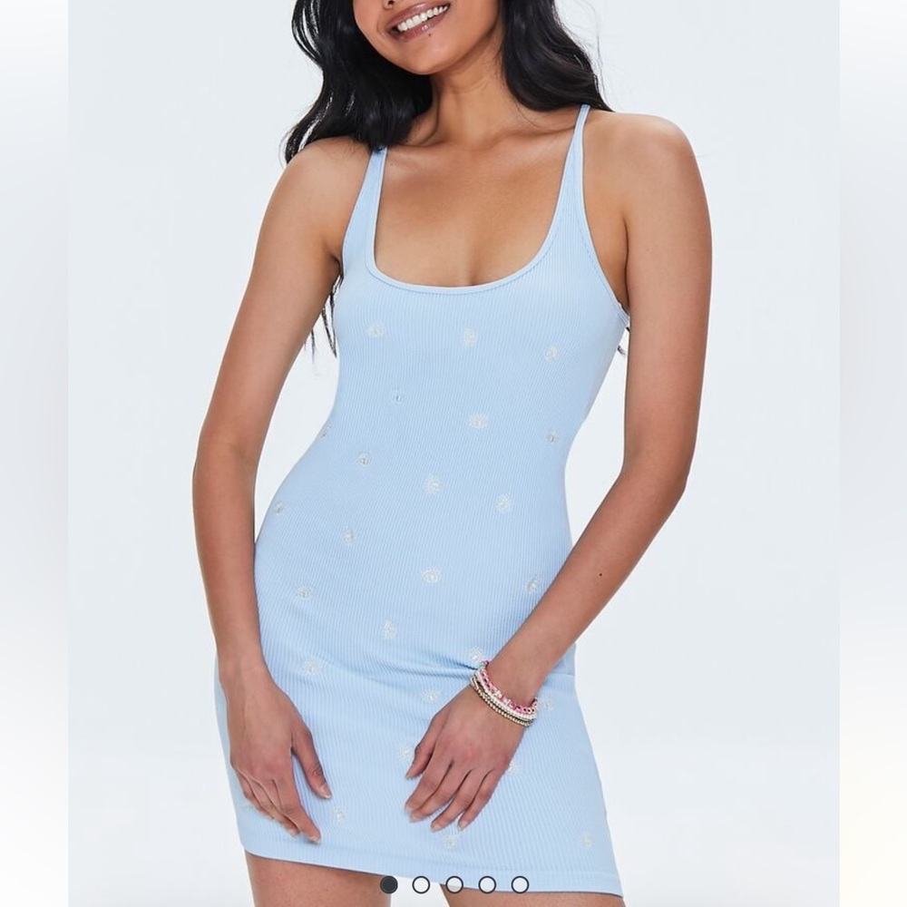 Embroidered seamless body on, print dress, light blue, size M/L